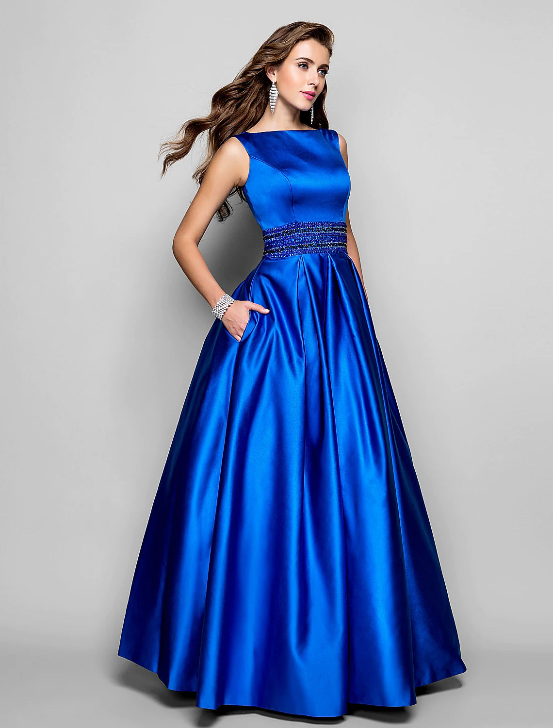Back view of the sleeveless satin dress, suitable for formal events.