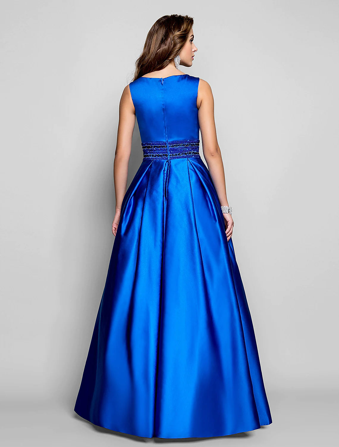 Model showcasing the full length and elegant drape of the A-line wedding guest dress.