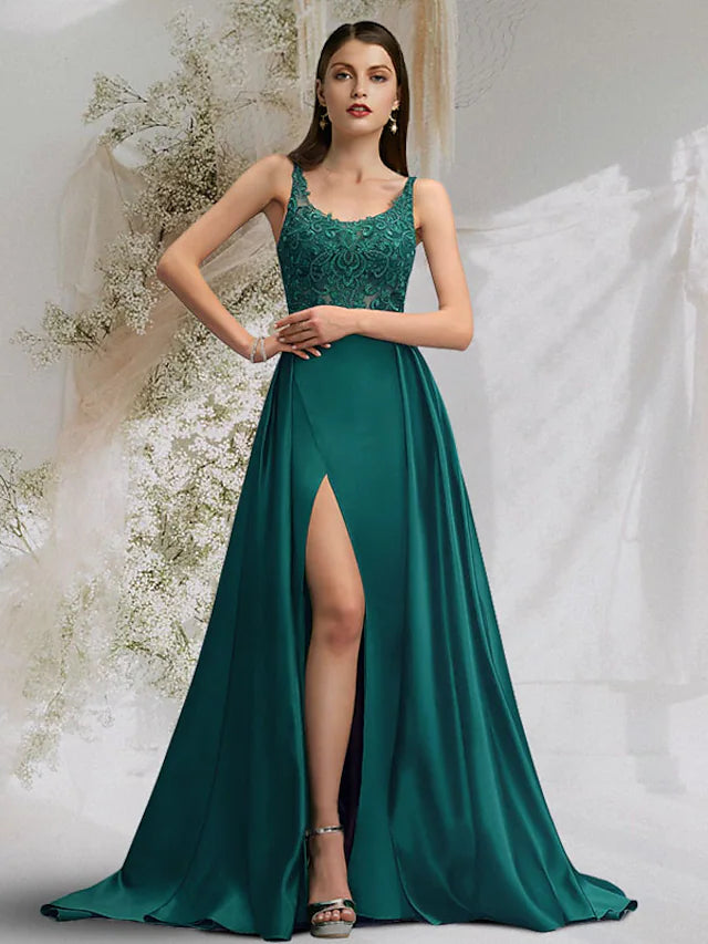 Full view of an elegant A-line charmeuse prom dress with a scoop neck and court train.