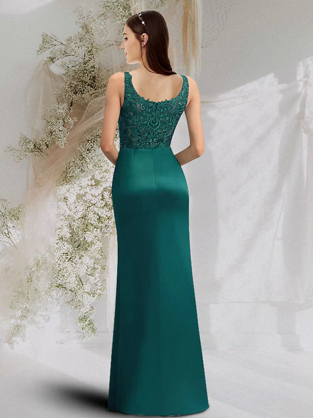 Close-up of the scoop neck and luxurious charmeuse fabric on the prom dress.