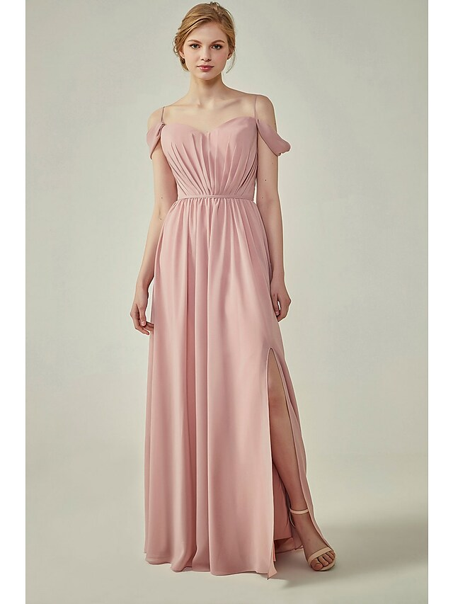 A-Line chiffon bridesmaid dress with spaghetti straps, sash, and ruching.