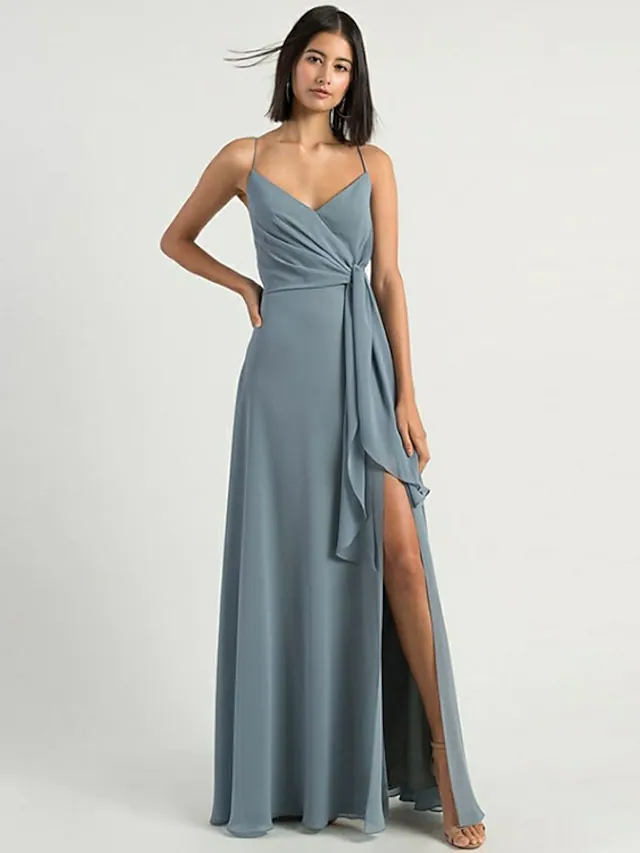 Elegant A-Line chiffon bridesmaid dress with spaghetti straps and split front.