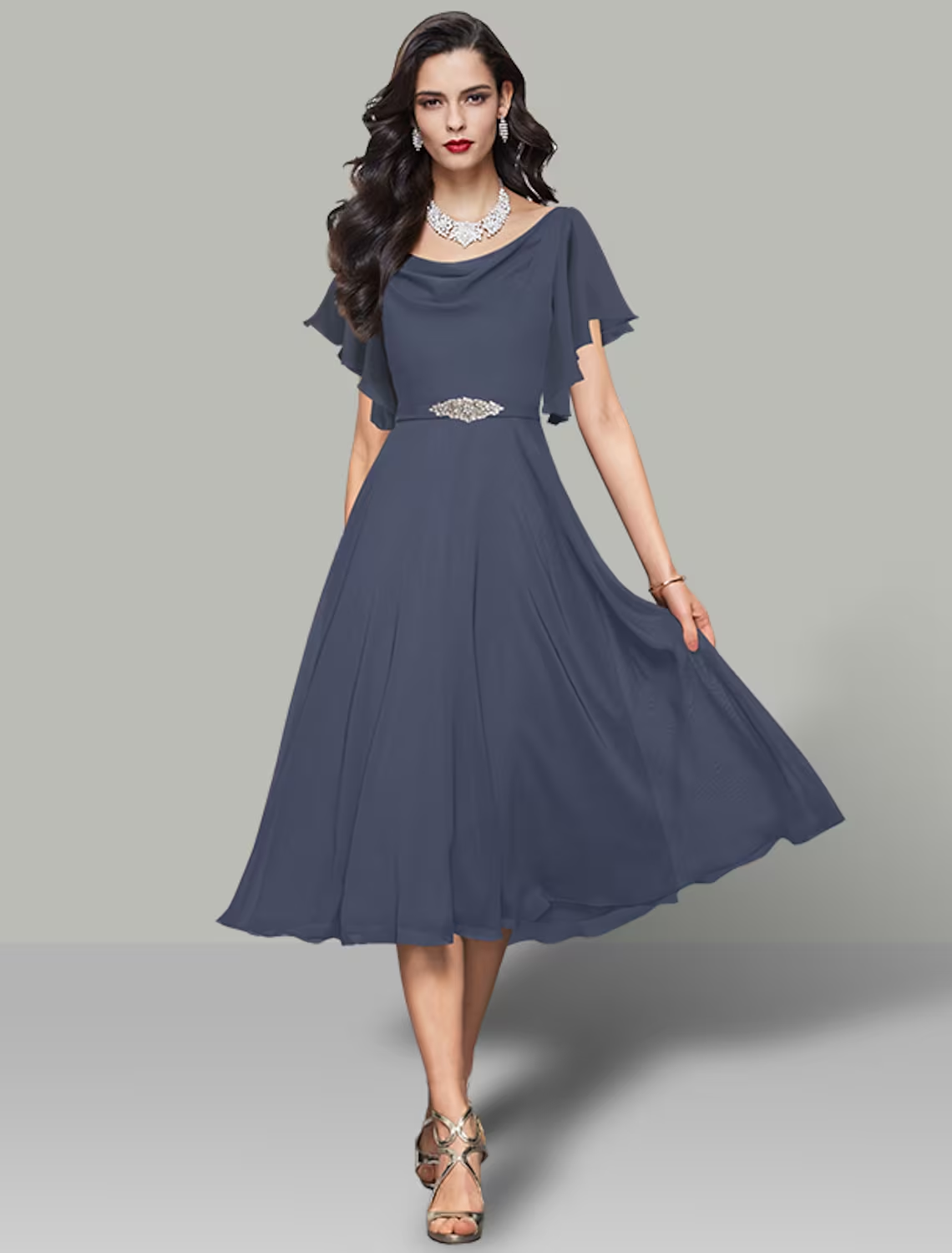 Elegant A-line cowl neck short sleeve tea length cocktail dress with rhinestone details.