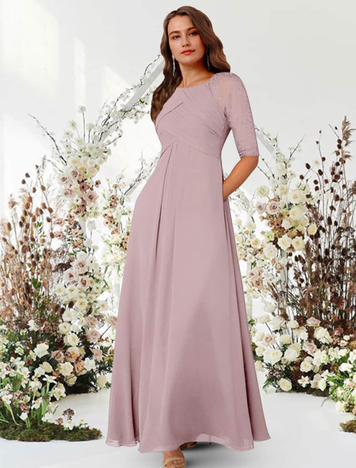 Back view of the floor-length A-line chiffon dress with ruched details.