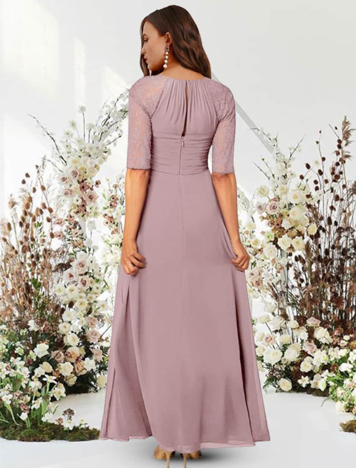 Full view of the A-line wedding guest dress, highlighting its floor-length silhouette.