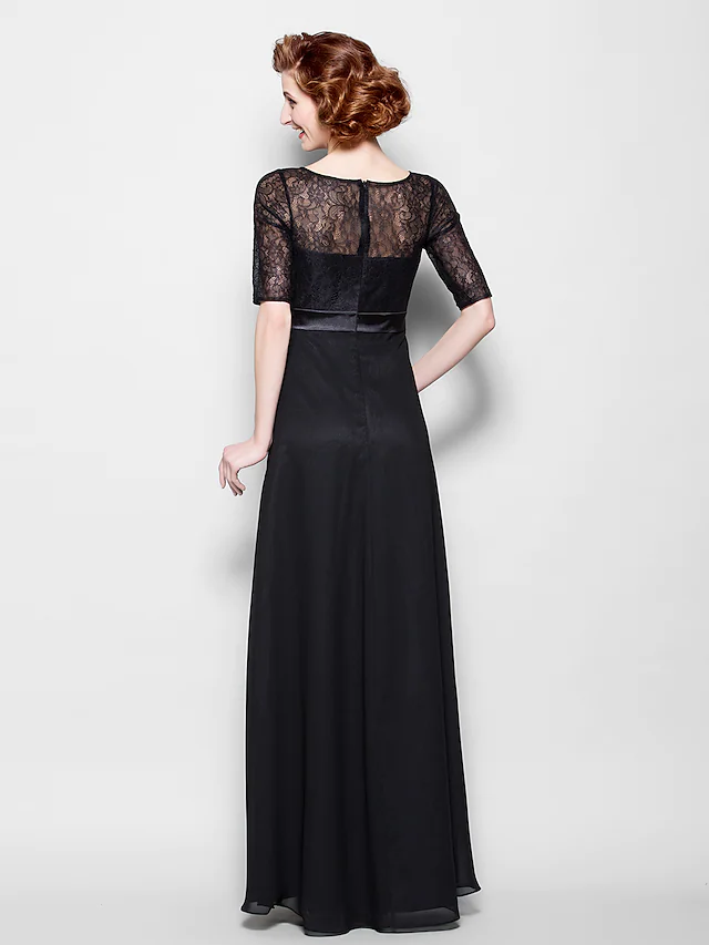 Back view of A-Line chiffon lace gown with delicate details.