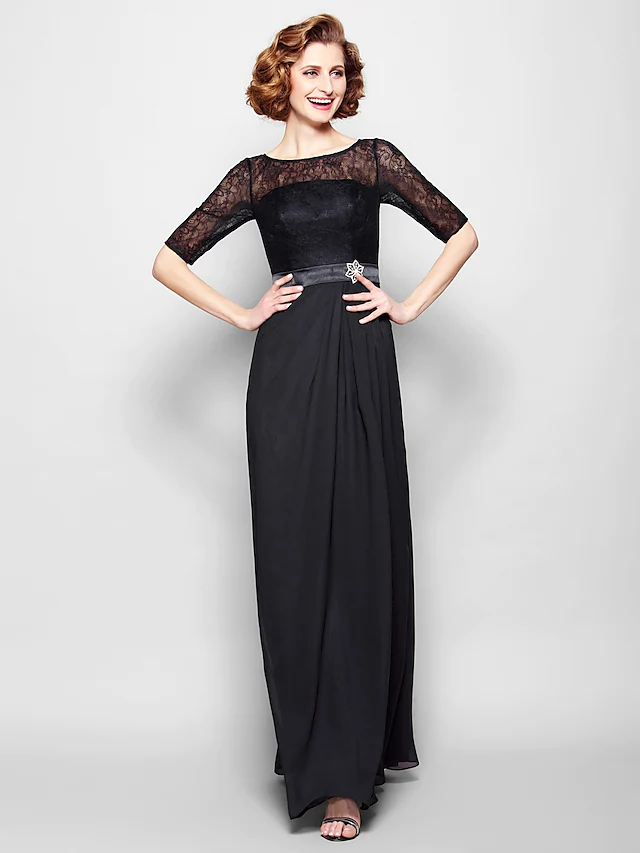 Side view of floor-length Mother of the Bride dress with lace sash.