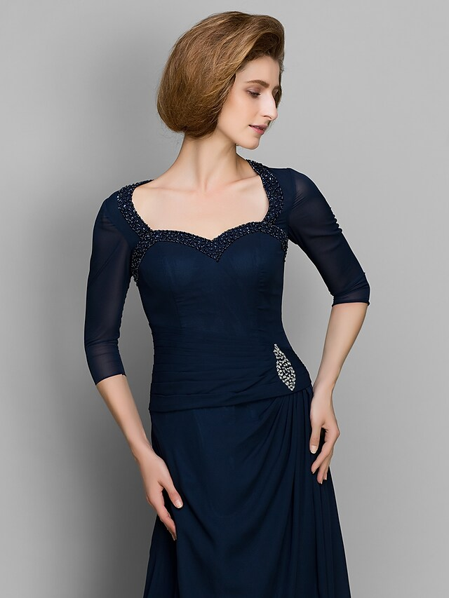 Full length view of the A-line dress, showing the sweetheart neckline and chiffon fabric.