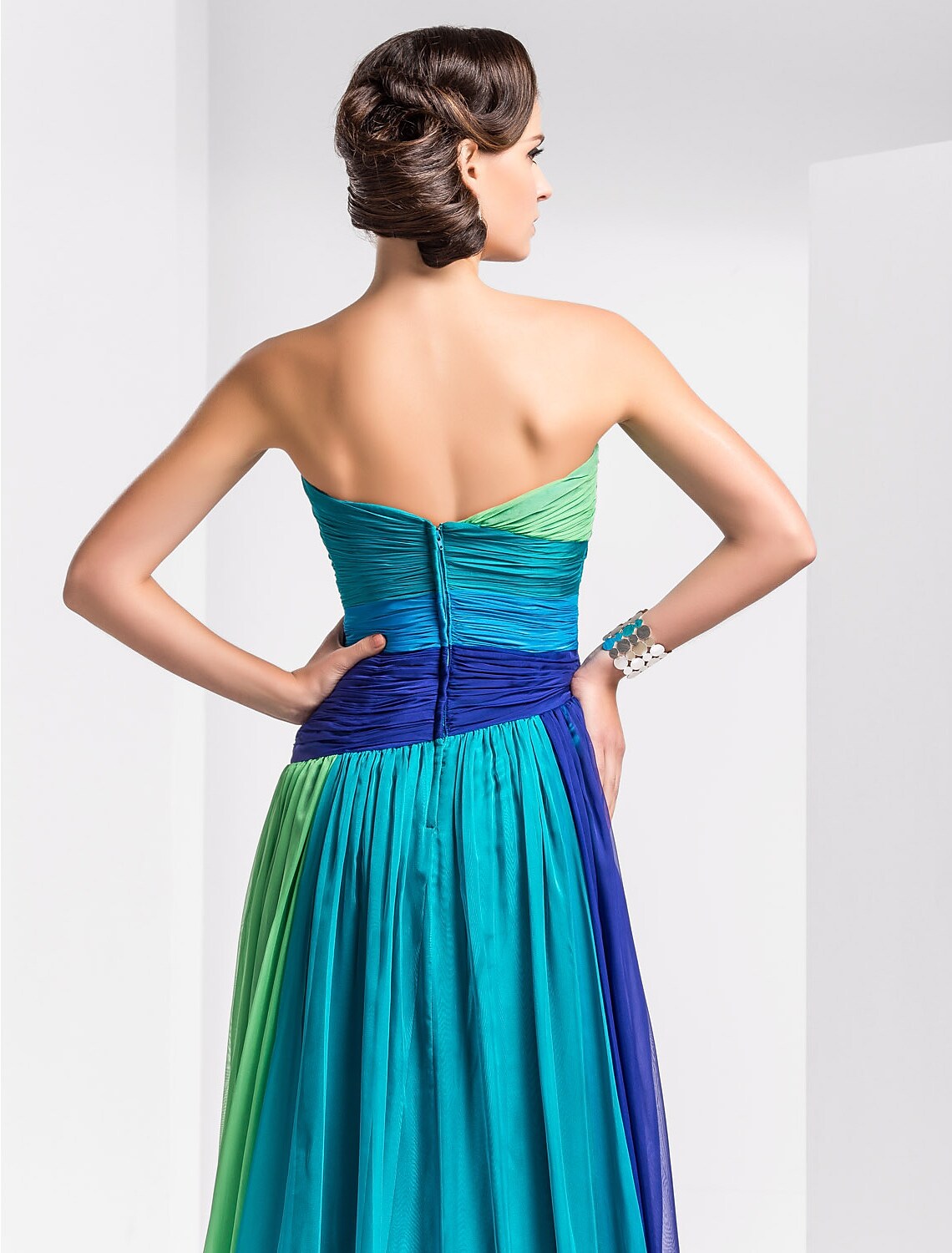Full length view of the A-line color block gown for formal occasions.