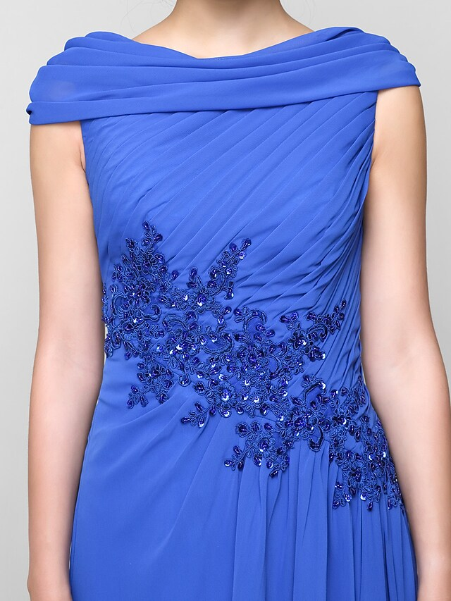 Detail of the cowl neck and flowy chiffon fabric.
