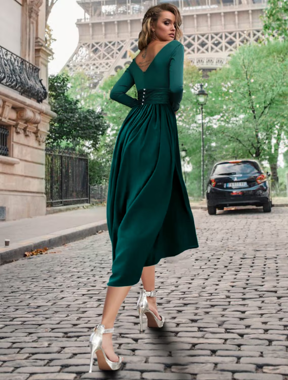 Formal A-Line empire dress with pleats and button details.
