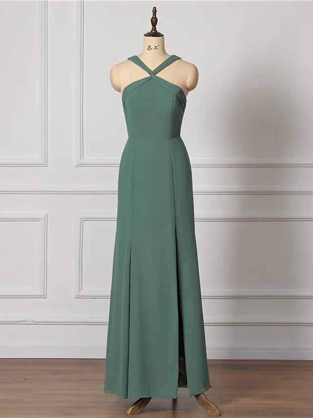 A-Line chiffon bridesmaid dress with cross-front neckline.