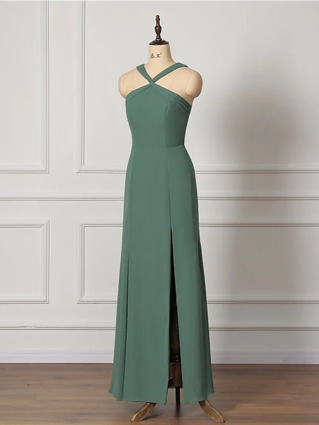 Back view of the floor-length A-Line bridesmaid dress.