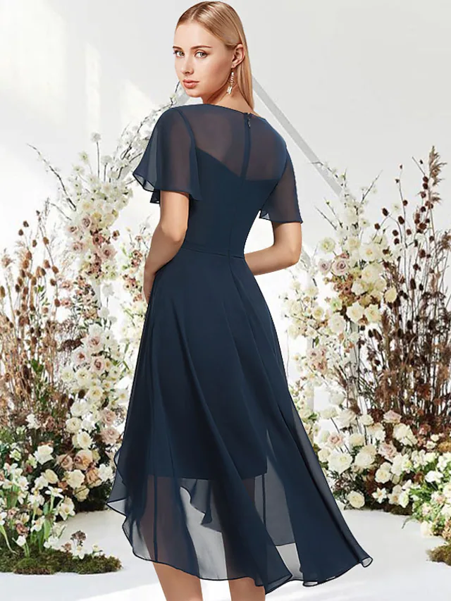 Side view of elegant A-Line Empire chiffon dress.