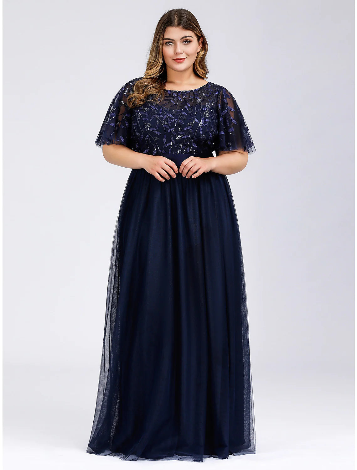 Elegant A-Line Empire Jewel Neck Short Sleeve Tulle Prom Gown with Sequin Appliques.