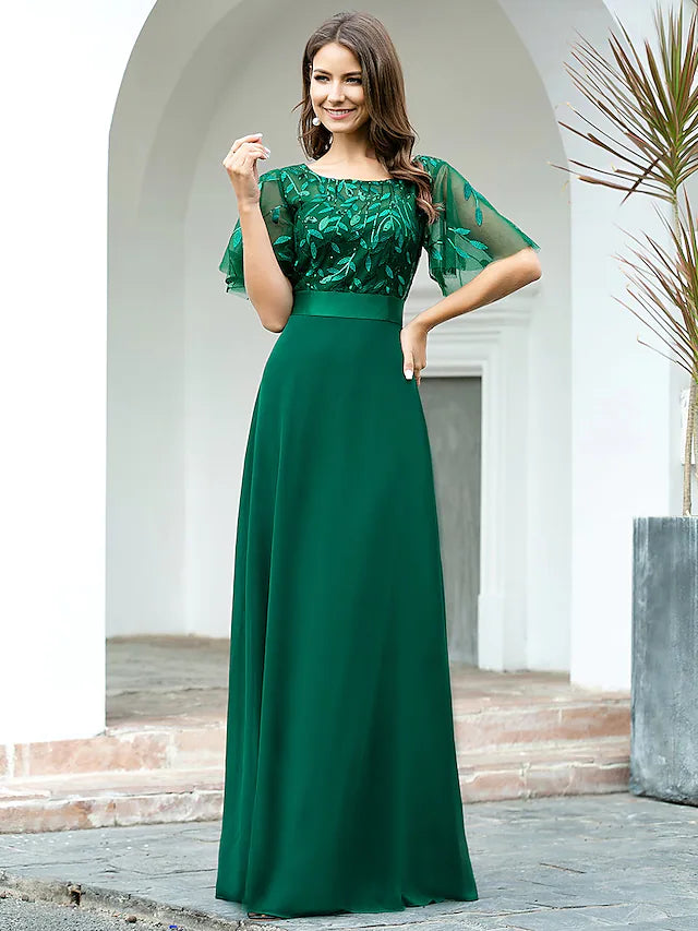 Elegant A-Line Empire prom dress with jewel neck and short sleeves.