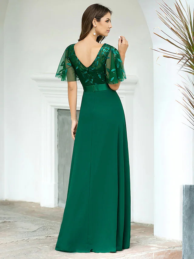 Back view of the A-Line Empire prom dress showing V-back and sequin details.