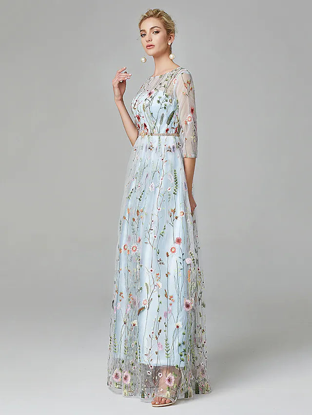 Back view of the floor-length A-line evening gown, showcasing its elegant silhouette.