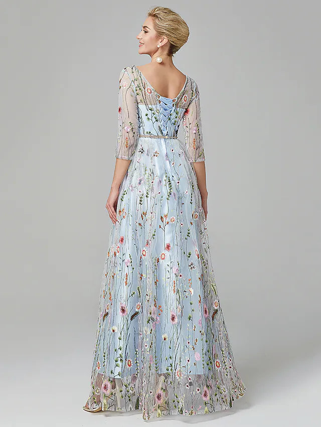 Side view of the A-line evening dress, highlighting the 3/4 length sleeves.