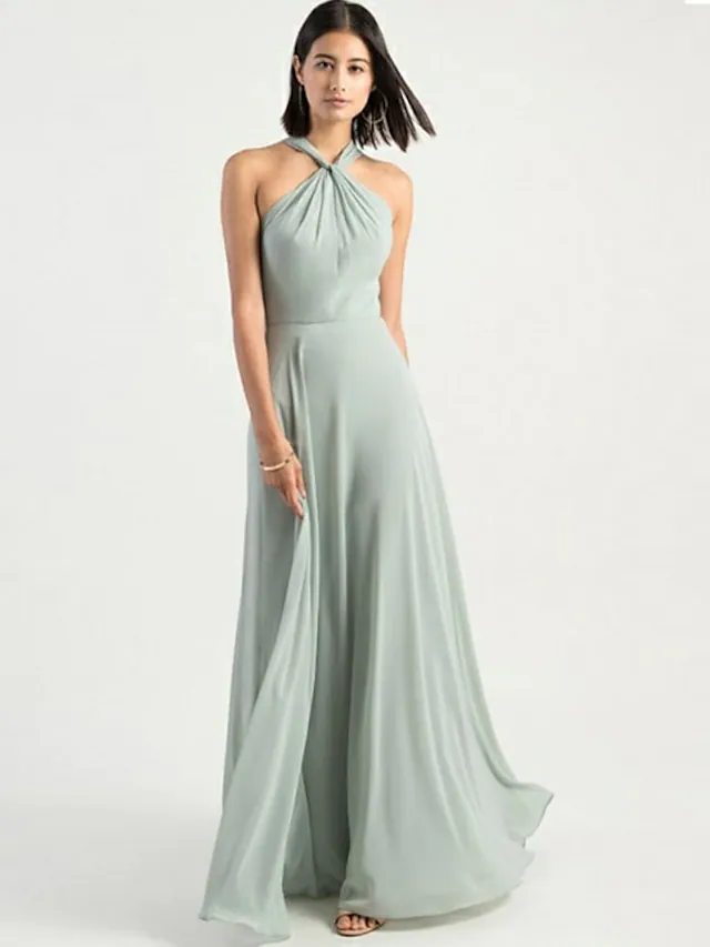 Elegant A-Line halter neck chiffon bridesmaid dress with criss-cross back.