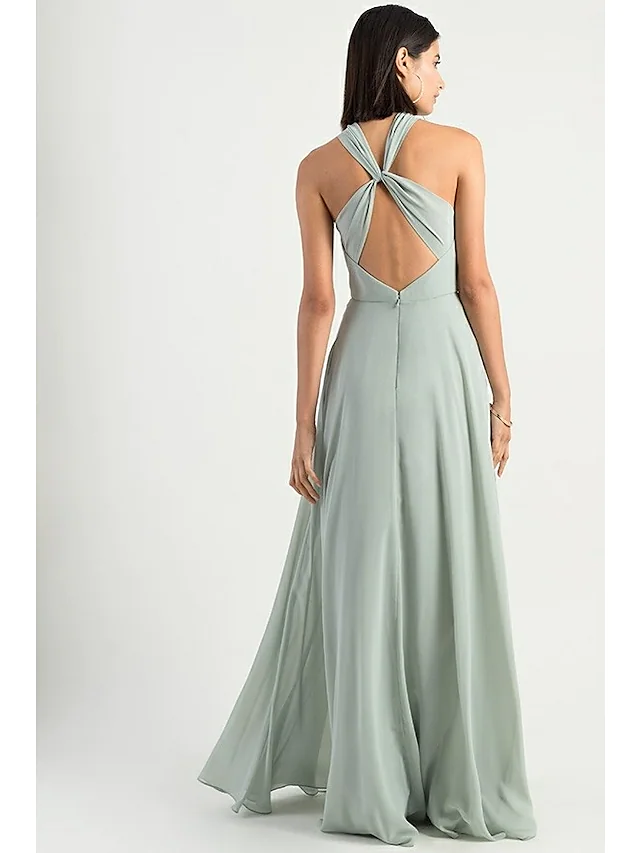 Full view of an A-Line halter neck bridesmaid gown in chiffon.