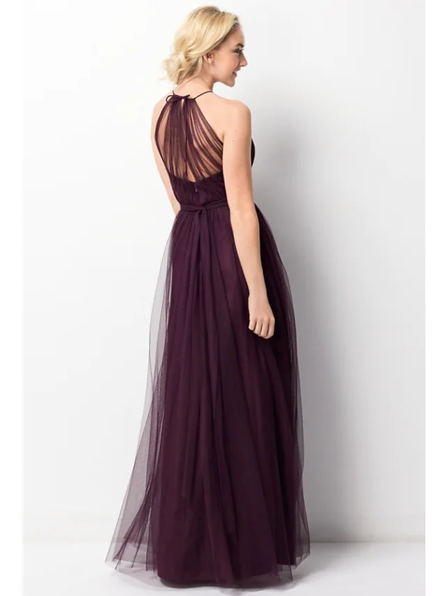 Side profile of A-Line Halter Neck Floor Length Gown.