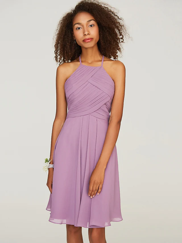 A-Line halter neck chiffon bridesmaid dress with ruffles.