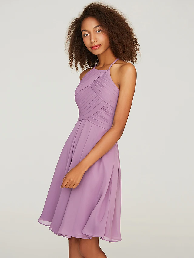 Knee length A-Line chiffon dress featuring a halter neckline.