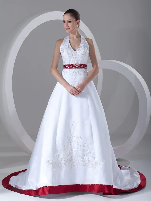 Elegant A-Line halter neck satin wedding dress, front view.