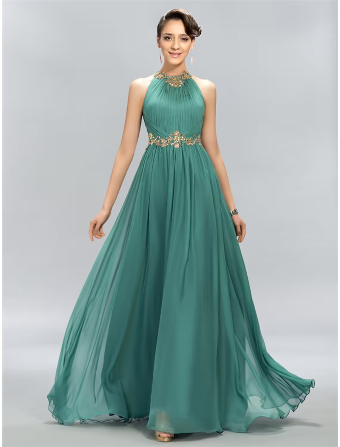 Elegant A-line halter chiffon maxi dress with ruched appliques.