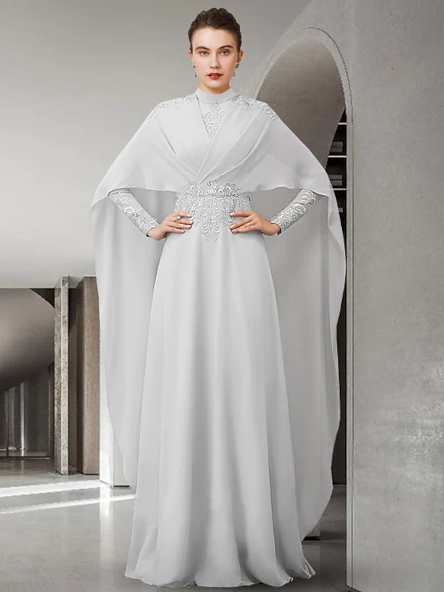 Elegant A-Line Mother of the Bride dress with high neck, long sleeves, pleats, and lace appliques.