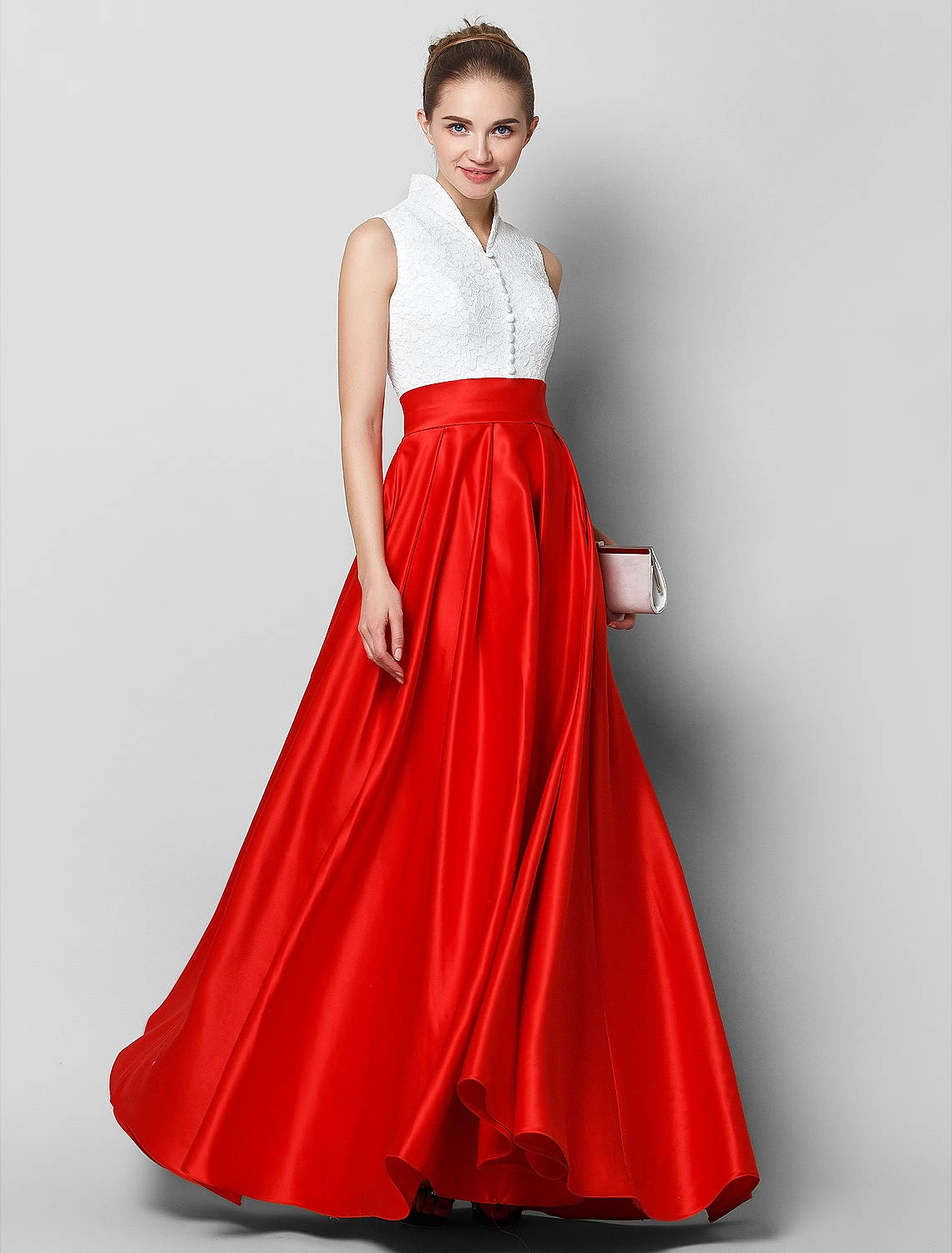 Elegant A-line high neck color block formal gown.