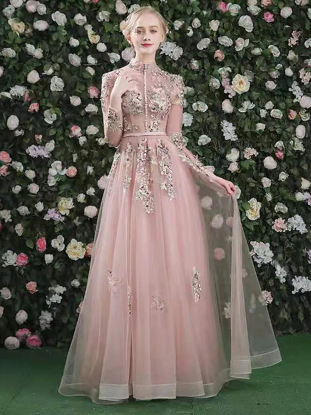Elegant A-line organza evening dress with high neck and floral embroidery.