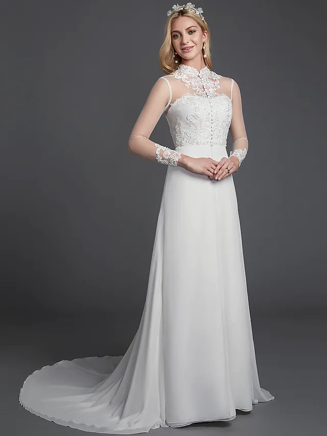 A-Line wedding dress with high neck, long lace sleeves, and court train.
