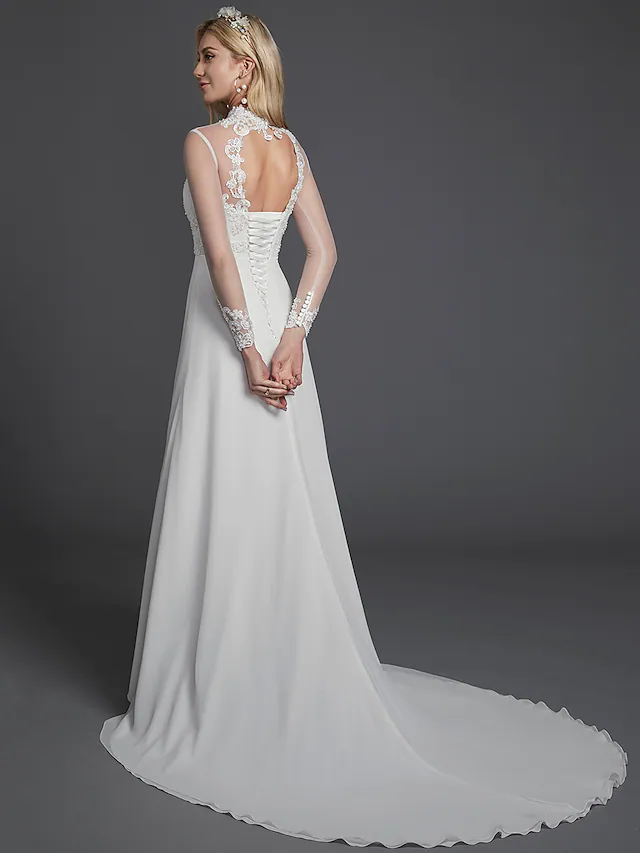 Back view of A-Line wedding dress showing lace buttons and backless detail.