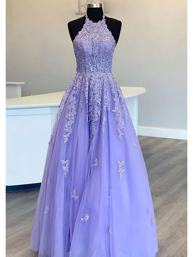 Elegant A-line prom dress with a high neck, open back, and floor-length tulle skirt.