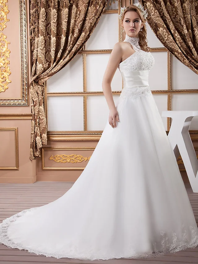 Back view of A-Line wedding dress showing court train.