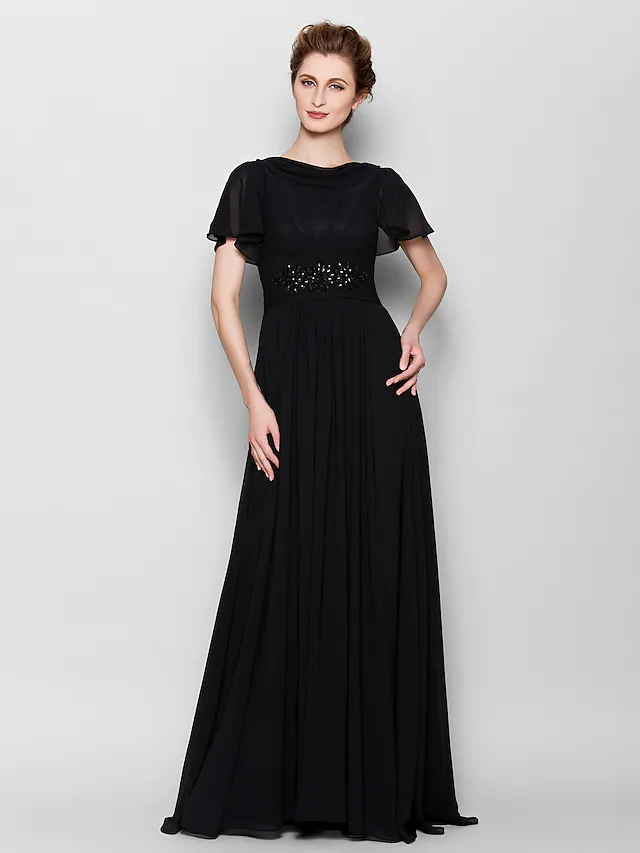 Elegant A-Line Mother of the Bride gown with illusion bateau neck and short sleeves, featuring delicate beading.