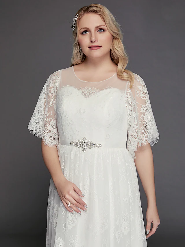 Another angle of the A-Line wedding dress, emphasizing the see-through lace details and elegant design.