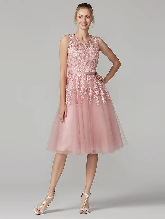 Front view of an A-line floral beaded tulle cocktail dress.