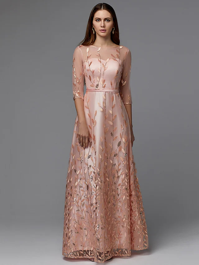 Elegant A-Line floral lace dress with illusion neckline and 3/4 sleeves.