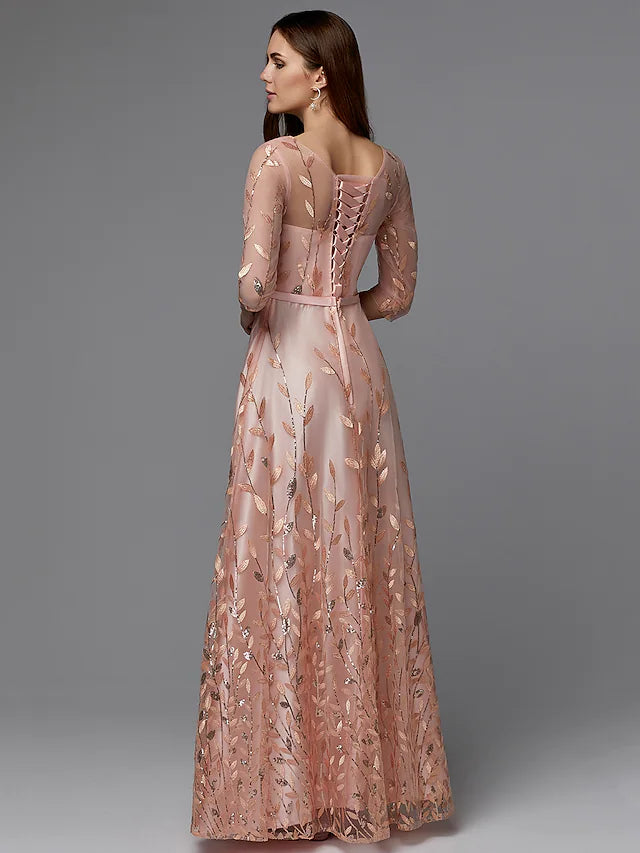 Side view of an A-Line floral lace dress, showcasing the silhouette.