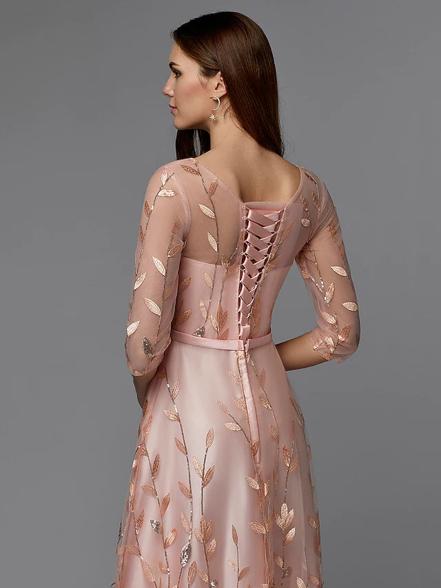 Full length view of an A-Line floral lace dress, ideal for wedding guests.