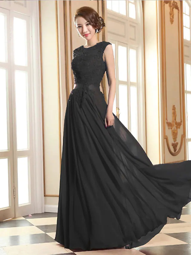 Full view of the A-line evening gown in a flowing chiffon and georgette fabric.