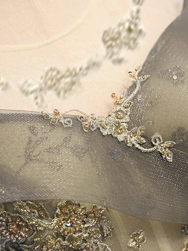 Full view of the A-line evening gown, showcasing its elegant silhouette.