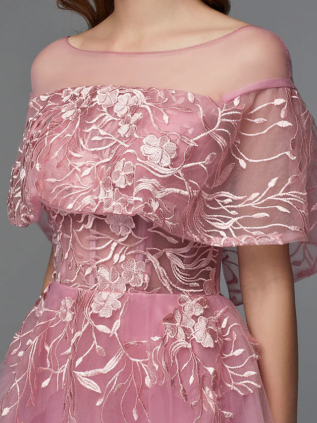 Close-up of the illusion neckline and lace insert on the A-Line dress.