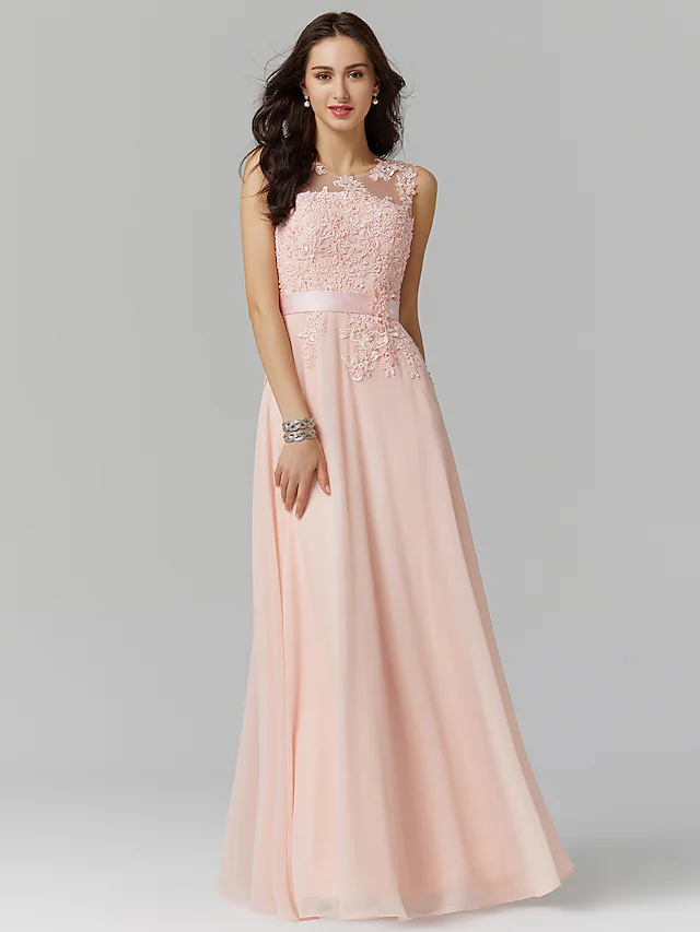 Elegant A-Line evening dress with illusion neck and beaded lace details.