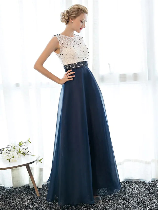 Close-up of the beaded and sequined bodice on the A-line formal gown.
