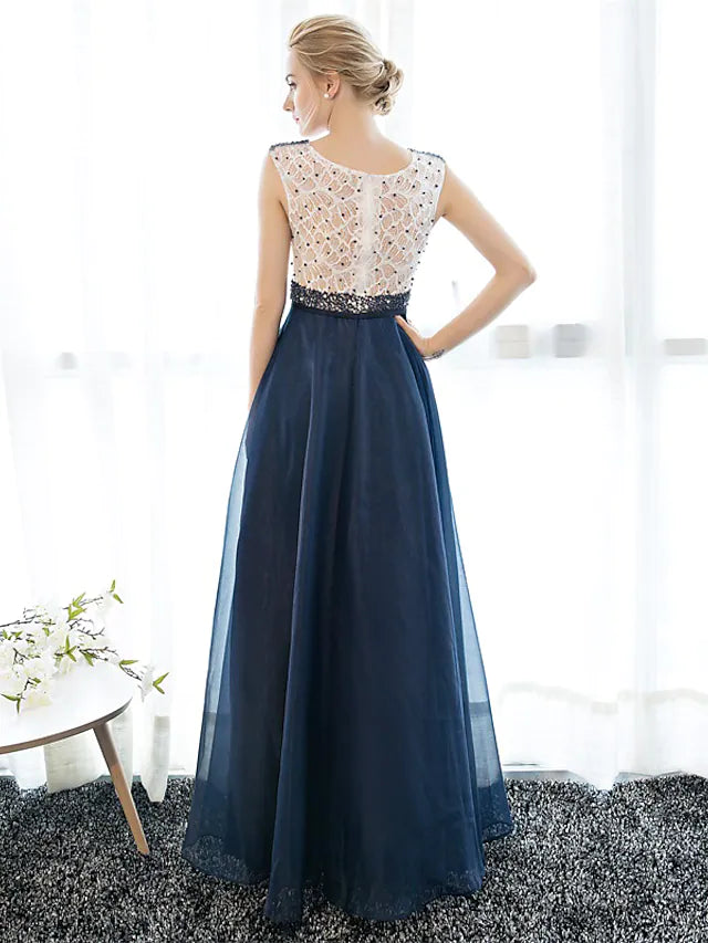 Back view of the A-line evening dress showcasing the beautiful design.