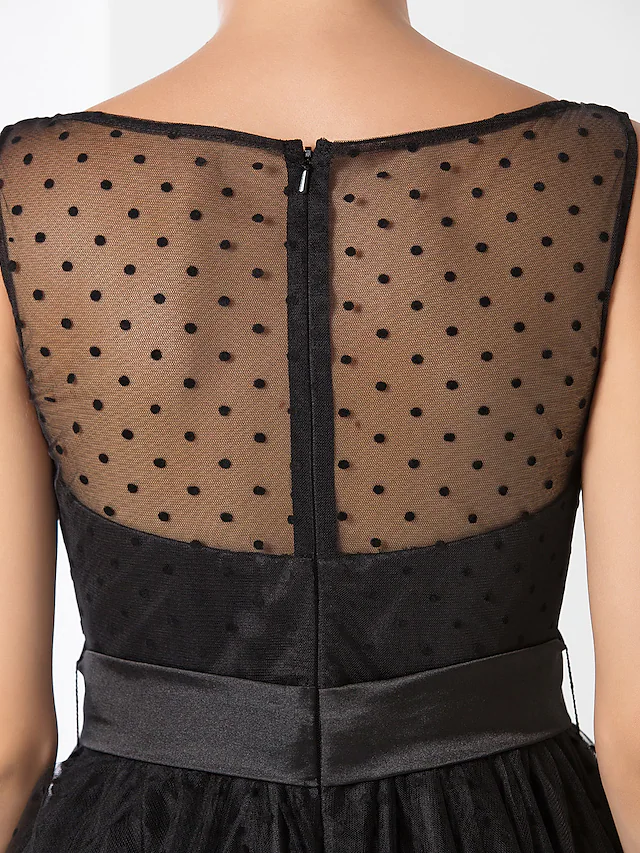 Back view of the sleeveless A-Line black cocktail dress, showcasing its elegant silhouette.